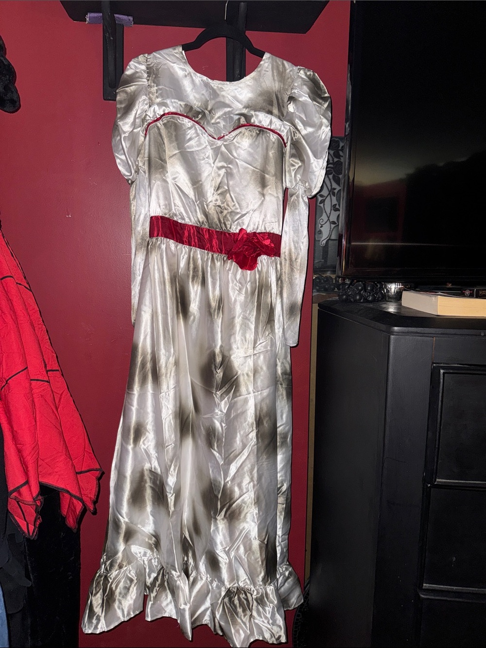 Annabelle Costume Dress Ivory Satin Evening Dress with Red  Accents